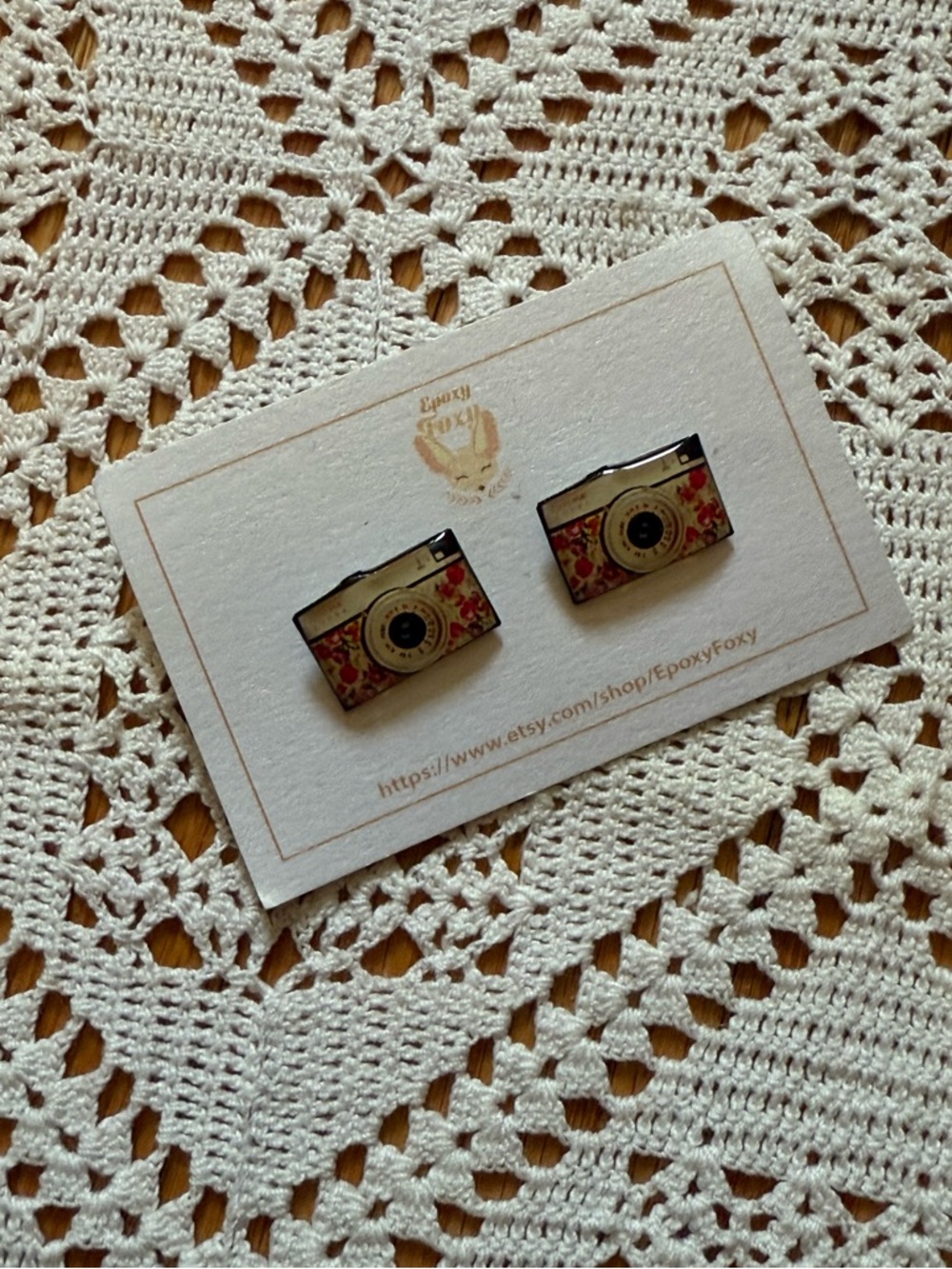 Camera-Shaped Stud Earrings in Beige and Pink Floral